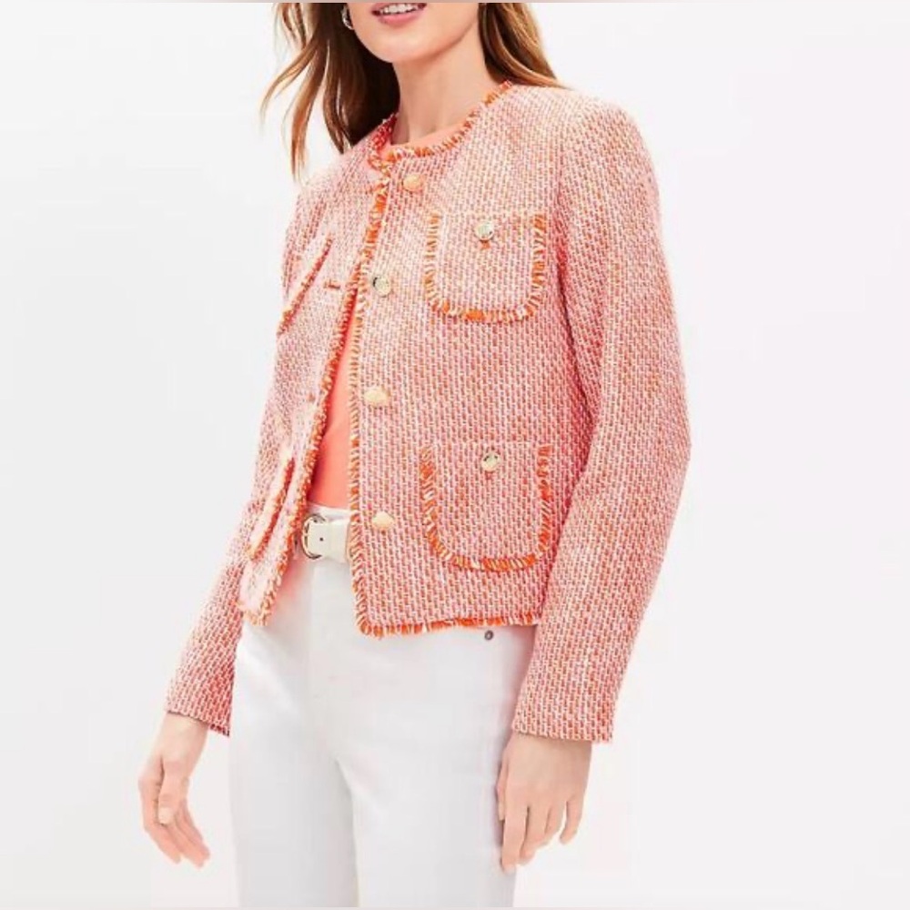 EUC LOFT Tweed Collarless Jacket Orange White Boucle Fringe Gold Button Pocket L